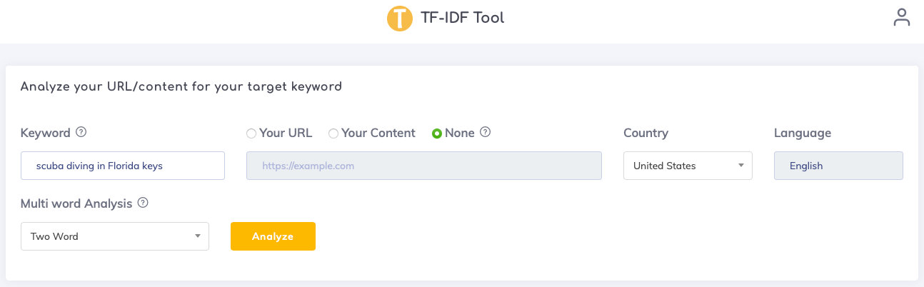 TF-IDF Tool entering analysis data