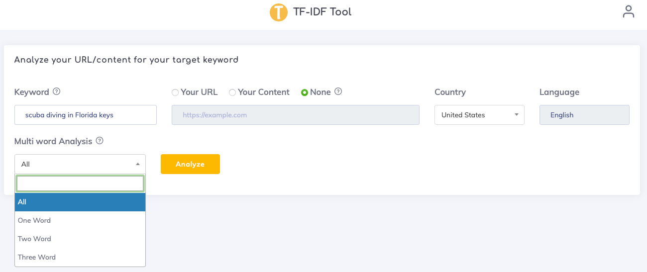 TF-IDF Tool entering analysis data