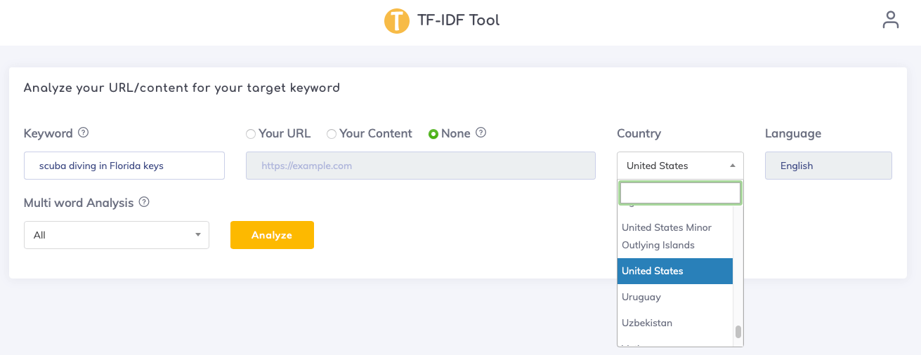 TF-IDF Tool entering analysis data