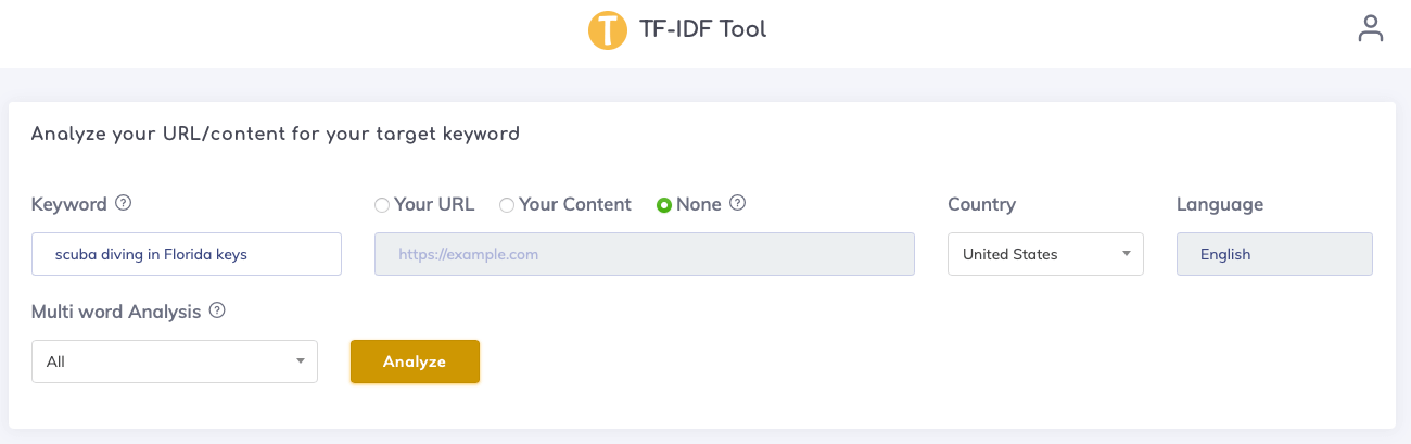 TF-IDF Tool entering analysis data