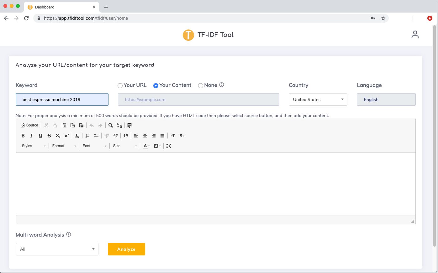 TF-IDF Tool entering analysis data